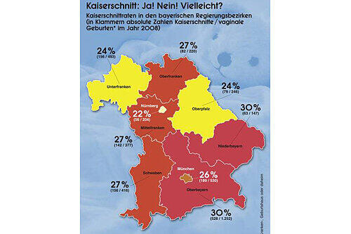 Die Kaiserschnitt-Raten in Bayern. In den Klammern stehen links die Kaiserschnitte, rechts die normalen Geburten unter den Versicherten der Techniker-Krankenkasse.