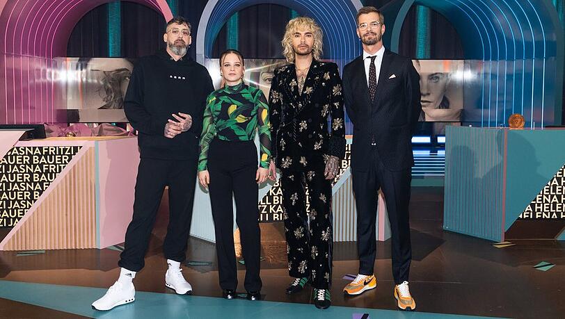 Sido, Jasna Fritzi Bauer und Bill Kaulitz mit Joko Winterscheidt in "Wer stiehlt mir die Show?" 2023 (v.l.n.r.).