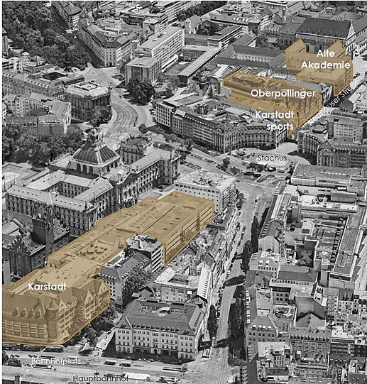 Die bräunlich eingefärbten Immobilien gehörten alle zum Signa-Reich. Außerdem: das Gebäude (vorn), das von Galeria-Karstadt umgeben ist.