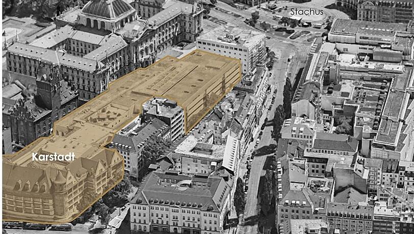 Die bräunlich eingefärbten Immobilien gehörten alle zum Signa-Reich. Außerdem: das Gebäude (vorn), das von Galeria-Karstadt umgeben ist.