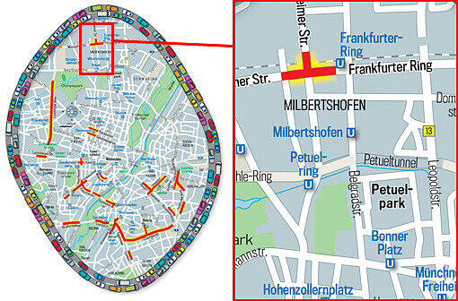 Nervtötender Lärm: die rot markierten Gebiete sind besonders laut - und bewohnt. Links das Stadtgebiet im Überblick, rechts die jeweiligen Brennpunkte.