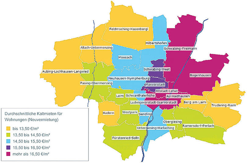 Preise für Mietwohnungen in den Münchner Stadtteilen: Nur im Westen und im Osten der Stadt liegen die Kaltmieten bei neuen Verträgen noch unter 13,50 Euro pro Quadratmeter.