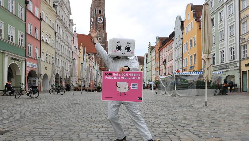 Der "Tanzende Tofu" in der Landshuter Altstadt: "Beiß rein" ist ein Teil seiner Botschaft. Gemeint sind Tofu und andere pflanzliche Produkte. "Jedes tote Tier, um ein Geschmackserlebnis zu befriedigen, ist eines zu viel", sagt der Stuttgarter. Es gebe genug Alternativen, man müsse sie nur wahrnehmen. Der "Tanzende Tofu" in der Landshuter Altstadt: "Beiß rein" ist ein Teil seiner Botschaft. Gemeint sind Tofu und andere pflanzliche Produkte. "Jedes tote Tier, um ein Geschmackserlebnis zu befriedigen, ist eines zu viel", sagt der Stuttgarter. Es gebe genug Alternativen, man müsse sie nur wahrnehmen.