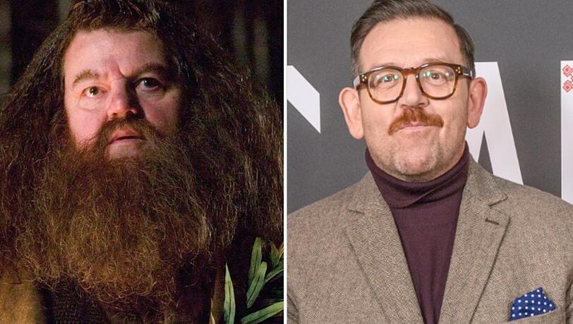 Robbie Coltrane als Hagrid in den "Harry Potter"-Filmen, daneben Nick Frost.