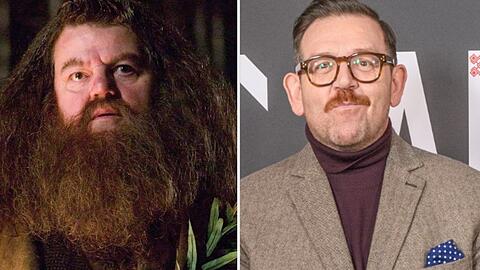 Robbie Coltrane als Hagrid in den "Harry Potter"-Filmen, daneben Nick Frost.