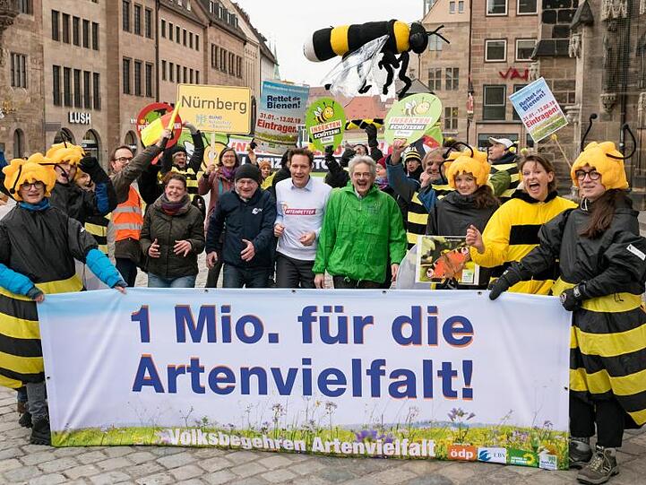 Becker (ÖDP, M,l-r), Schäffer (LBV), Hartmann (Grüne) und Mergner (Bund Naturschutz) mit Unterstützern des Volksbegehrens. Foto: Toni Mader