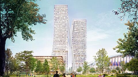 Neu an den Turm-Plänen an der Paketposthalle: schräg angestelzte Aufzüge an den beiden Hochhäusern.
