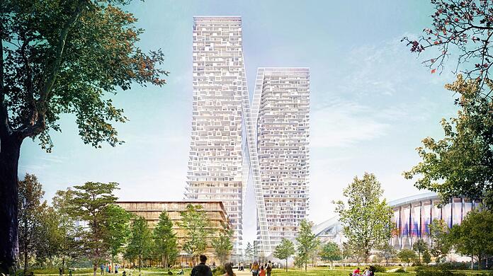 Neu an den Turm-Plänen an der Paketposthalle: schräg angestelzte Aufzüge an den beiden Hochhäusern.
