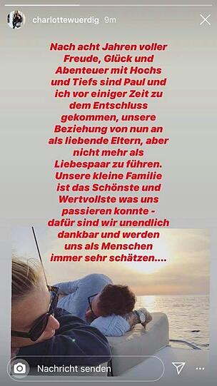 Das schrieb Charlotte Würdig am Freitag in ihre Instagram-Story.