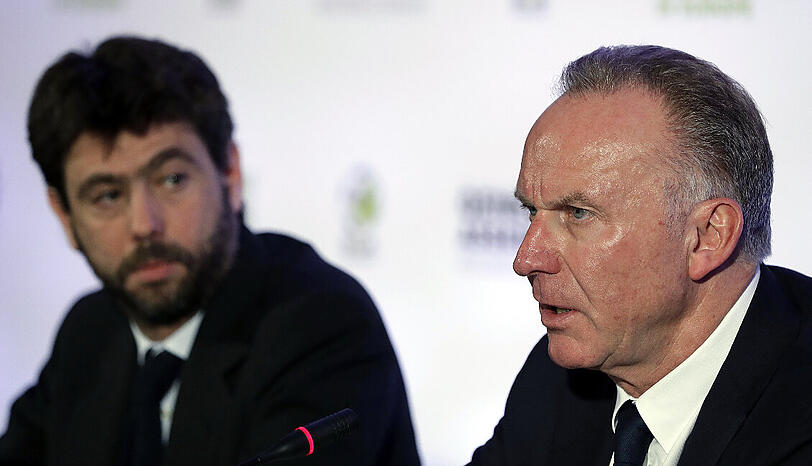 Karl-Heinz Rummenigge, der Vorstandschef des FC Bayern und Vorsitzender der European Club Association, mit Andrea Agnelli, dem Präsidenten von Juventus Turin (hinten).