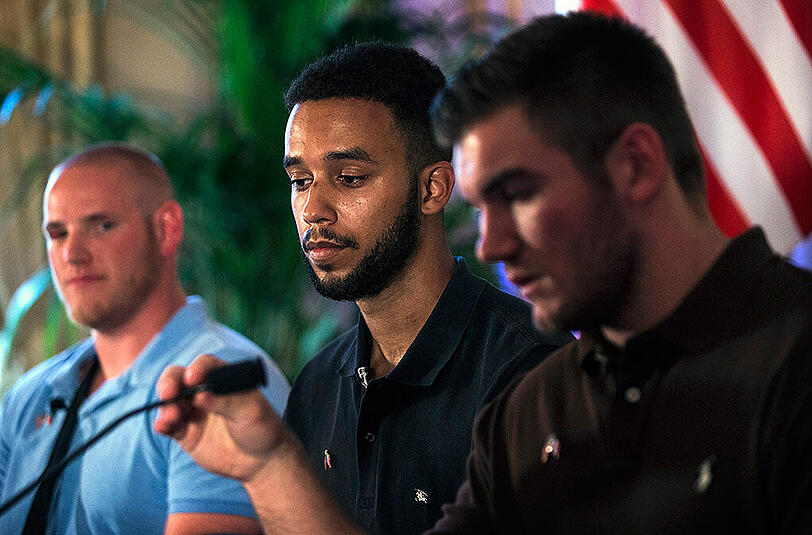 Thalys-Helden: Spencer Stone, Anthony Sadler und Alek Skarlatos (v.l.) werden vom französischen Präsidenten empfangen.