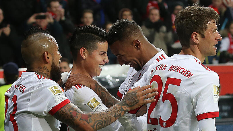 So jubelten Arturo Vidal, James Rodriguez, Jerome Boateng und Thomas Müller (von links) beim 3:1-Sieg in Leverkusen.