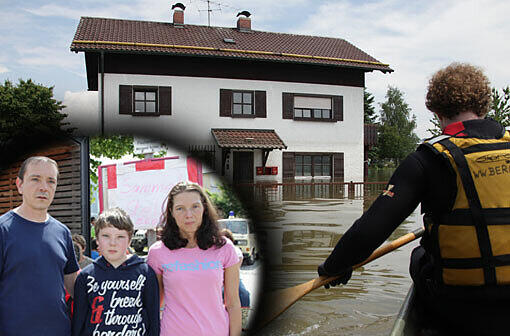 Sie stehen vor dem Nichts, weil ihre Erdgeschoss-Wohnung komplett überflutet wurde: Alexander Göstl mit Ehefrau Kornelia und Viertklässler Sascha.