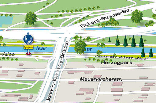 John-F.-Kennedy-Brücke: Die Rad- und Fußwege unterqueren die große Autobrücke auf bei den Ufern.