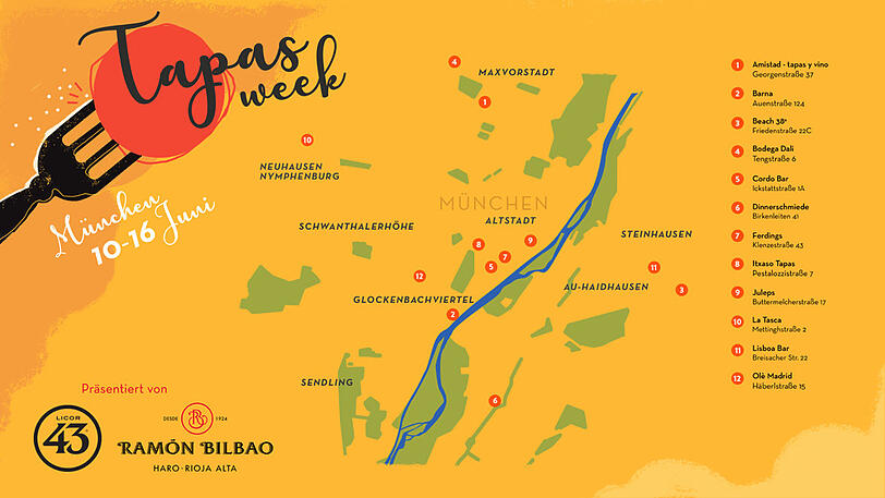 In diesen Münchner Restaurants findet die Tapas Week statt (für Großansicht auf die Karte klicken).