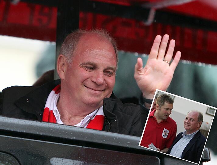 Hans Gehrlein, Chef des legendären Bayern-Fanklubs "13 Höslwanger", zusammen mit Uli Hoeneß (kleines Foto).