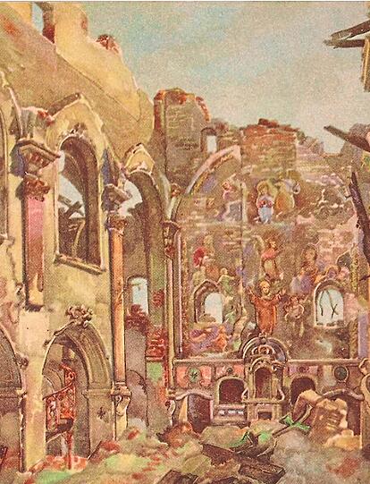 Die zerstörte Klosterkirche St. Jakob am Anger 1944 nach einem Aquarell von Gebhardt Reitz: Die im Kern noch romanische Kirche wurde nicht gerettet und wiederaufgebaut, wie so viele Münchner Kirchen, sondern abgerissen und durch einen 50er-Jahre-Neubau ersetzt.