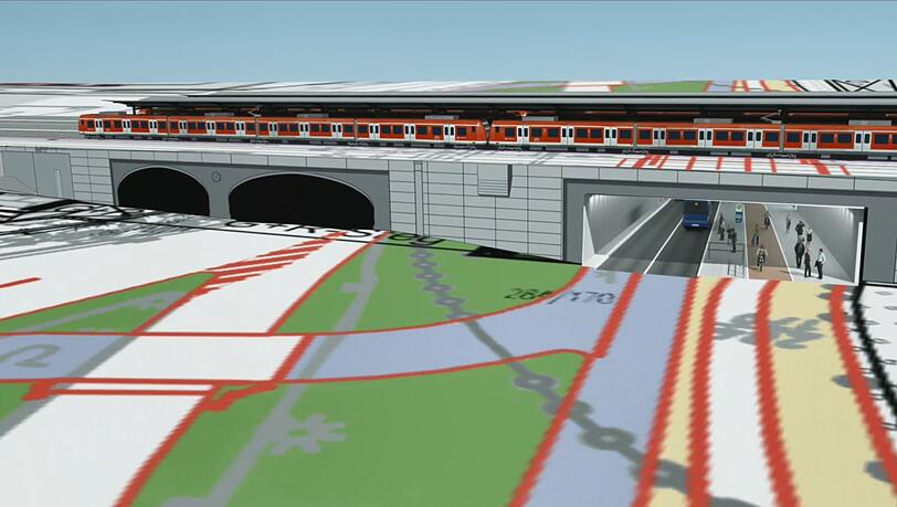 So soll es aussehen: Links die heutigen beiden Röhren, rechts werden Busse, Fußgänger (und wahrscheinlich Trambahnen) unterwegs sein. So soll es aussehen: Links die heutigen beiden Röhren, rechts werden Busse, Fußgänger (und wahrscheinlich Trambahnen) unterwegs sein.