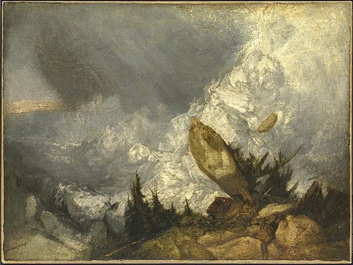Der Mensch ist machtlos, das demonstrieren nicht nur Turners Gewitter auf hoher See, sondern genauso dieser "Niedergang einer Lawine in Graubünden" (1810). Die weiße Wucht, die eben eine Hütte unter sich begräbt, schiebt sich wie ein ungebügeltes Leichentuch über die Landschaft.