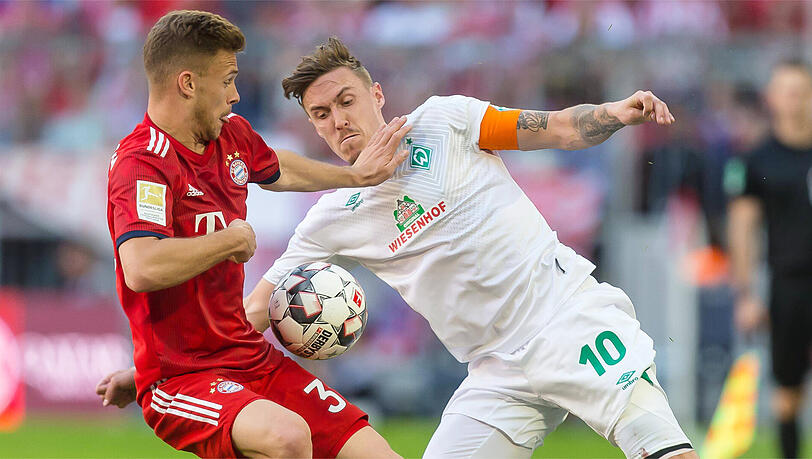 Lieferten sich harte Zweikämpfe: Joshua Kimmich (li.) vom FC Bayern und Bremens Max Kruse. Lieferten sich harte Zweikämpfe: Joshua Kimmich (li.) vom FC Bayern und Bremens Max Kruse.