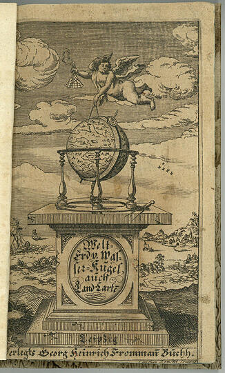 Im ältesten Büchlein (1671) schwebt ein Genius über dem Globus.