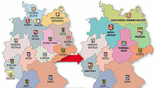Ist doch gleich viel übersichtlicher, oder? Links das Bundesgebiet, wie es heute aussieht. Rechts mit neuen Ländern wie Preußen und der Saarpfalz. Ist doch gleich viel übersichtlicher, oder? Links das Bundesgebiet, wie es heute aussieht. Rechts mit neuen Ländern wie Preußen und der Saarpfalz.