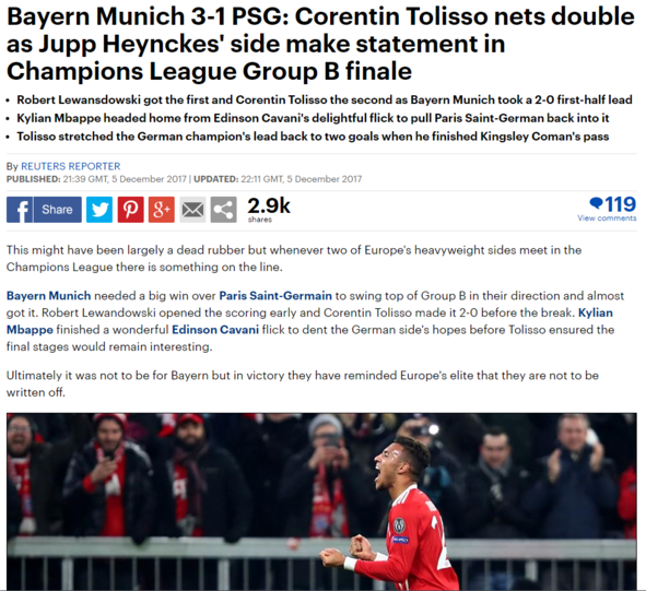 Die Engländer der "Daily Mail" sind beeindruckt von Bayerns Leistung: "Corentin Tolisso trifft doppelt, während Jupp Heynckes' Mannschaft ein Statement setzt im Finale der Gruppe B."