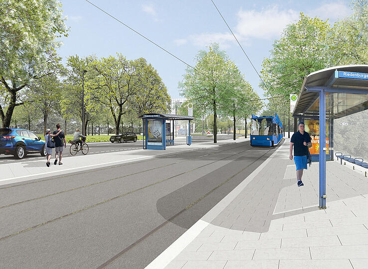 Die neue Haltestelle Riedenburger Straße mit neuem  Gleisbett und vielen Bäumen.
