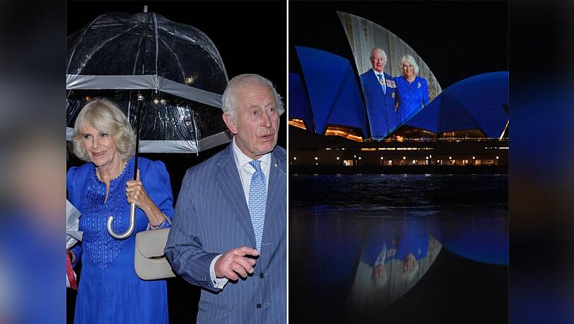 Charles und Camilla am Flughafen und das erleuchtete Opernhaus in Sydney.