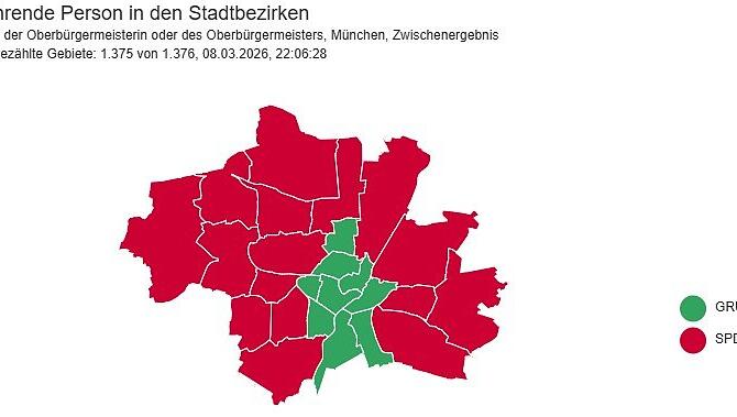 Die Grafik zeigt, wer in den Stadtbezirken jeweils gewonnen hat.
