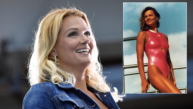 Erster gesamtdeutscher Sportstar nach der Wiedervereinigung: Franziska van Almsick. Rechts: In den Neunzigern auch als Werbefigur präsent Erster gesamtdeutscher Sportstar nach der Wiedervereinigung: Franziska van Almsick. Rechts: In den Neunzigern auch als Werbefigur präsent