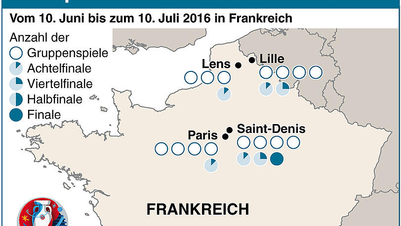Die EM-Austragungsorte auf einen Blick. Die EM-Austragungsorte auf einen Blick.