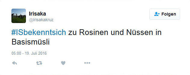 Unter dem Hashtag #ISbekenntsich schieben die Twitter-User dem IS die Verantwortung für Unannehmlichkeiten des Alltags zu.