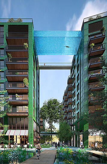 Ein frei schwebendes Himmelsschwimmbad in 35 Metern Höhe: Der sogenannte &bdquo;Sky Pool&ldquo; soll kommendes Jahr in London eröffnet werden.