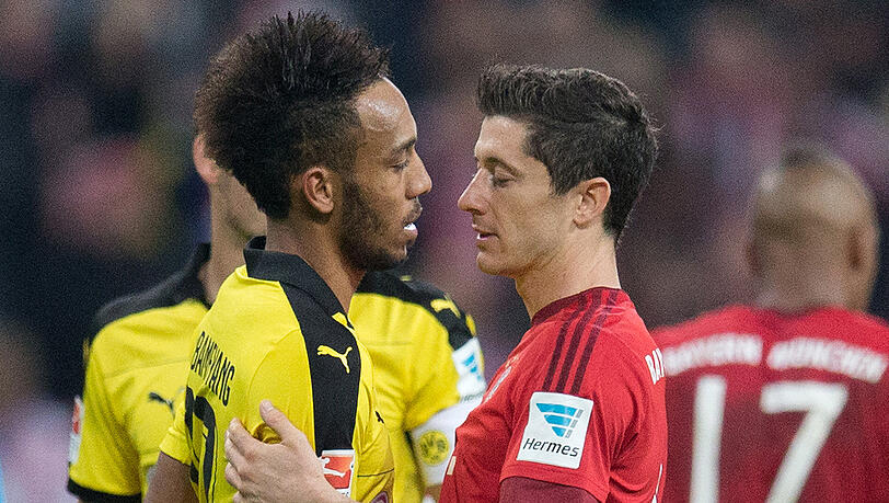 Schau' mir in die Augen: Bayern-Torjäger Robert Lewandowski (links) und Dortmund-Torjäger Pierre-Emerick Aubameyang. Schau' mir in die Augen: Bayern-Torjäger Robert Lewandowski (links) und Dortmund-Torjäger Pierre-Emerick Aubameyang.