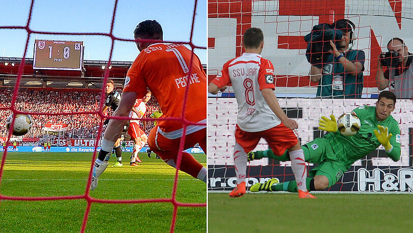 Links der Ausgleich: Florian Neuhaus trifft gegen Regensburg-Torhüter Philipp Pentke. Rechts die Parade: Löwen-Keeper Stefan Ortega hält den Elfmeter des Regensburger Ex-Löwen Andreas Geipl. Links der Ausgleich: Florian Neuhaus trifft gegen Regensburg-Torhüter Philipp Pentke. Rechts die Parade: Löwen-Keeper Stefan Ortega hält den Elfmeter des Regensburger Ex-Löwen Andreas Geipl.