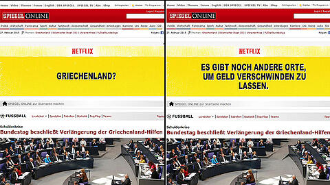 Die erste Ansicht der Werbung (links) schwingt auf einen fiesen Witz um (Ansicht rechts)