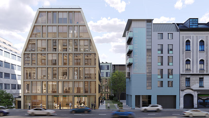 Das Ensemble besteht aus einem siebengeschossigen Geb&auml;ude in A-Form und einem f&uuml;nfgeschossigen Gartenhaus.