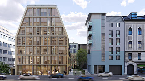 Das Ensemble besteht aus einem siebengeschossigen Geb&auml;ude in A-Form und einem f&uuml;nfgeschossigen Gartenhaus.