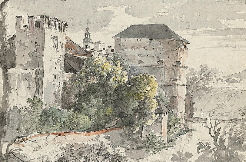 Um ihn ranken sich gruselige Foltergeschichten:  der Jungfernturm, gemalt im Jahr 1796.