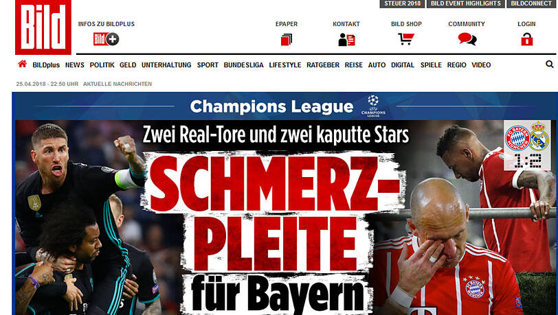 Die Bild macht die Niederlage der Bayern auch an den frühen Ausfällen fest, schreibt: "Bayern rechnen mit sich selber ab." Die Bild macht die Niederlage der Bayern auch an den frühen Ausfällen fest, schreibt: "Bayern rechnen mit sich selber ab."