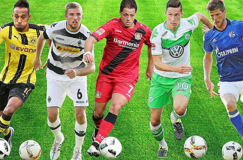 Sie wollen Bayern Probleme bereiten: Pierre-Emerick Aubameyang (BVB), Gladbachs Christoph Kramer, der Leverkusener Chicharito, Wolfsburgs Julian Draxler und der Schalker Klaas-Jan Huntelaar (v.l.).
