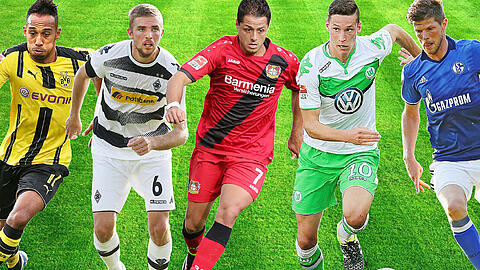 Sie wollen Bayern Probleme bereiten: Pierre-Emerick Aubameyang (BVB), Gladbachs Christoph Kramer, der Leverkusener Chicharito, Wolfsburgs Julian Draxler und der Schalker Klaas-Jan Huntelaar (v.l.).