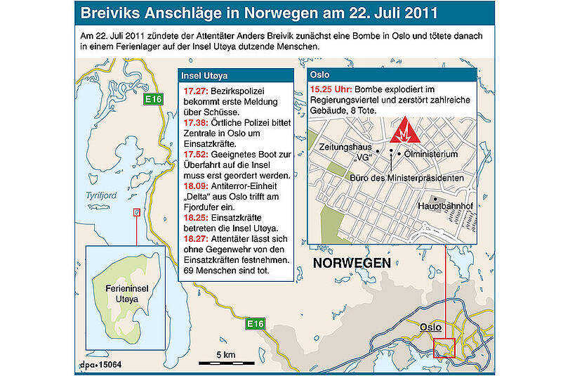 Karte und Ablauf der Anschläge in Oslo und Utoya.