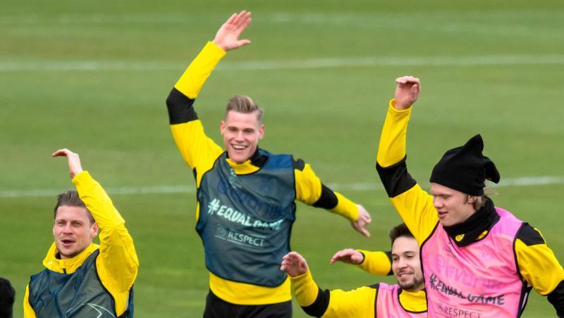 Die BVB-Profis um Lukasz Piszczek, Steffen Tigges, Raphael Guerreiro und Erling Haaland (l-r) wollen Manchester City die Sensation schaffen.