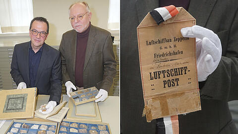 Matthias Röschner (links) und Wilhelm Füßl vom Archiv des Deutschen Museums mit Steinen von Johann Wolfgang von Goethe. Rechts: Post für das Deutsche Museum.
