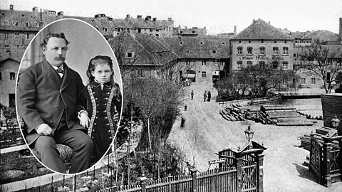 Die Walsermühle am Hacklbach um 1890. Heute ist dort die Thierschstraße 9. Kleines Bild: Simon Walser mit Tochter Maria im Jahr 1885.