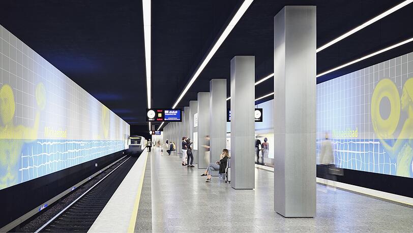 Zartes Blau: An den Wänden an der Station Michaelibad geht's um Schwimmsport.