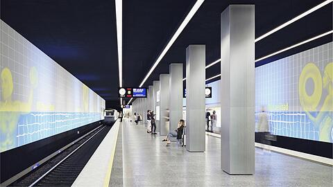 Zartes Blau: An den Wänden an der Station Michaelibad geht's um Schwimmsport.