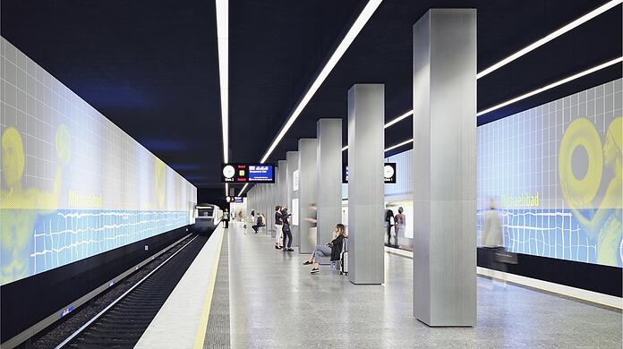 Zartes Blau: An den Wänden an der Station Michaelibad geht's um Schwimmsport.